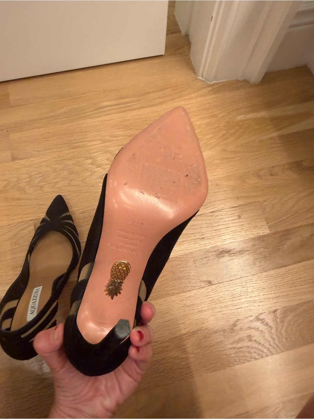 Aquazzura Black Suede and Sheer Mesh Pointed-Toe Stiletto Pumps - Picture 4 of 6